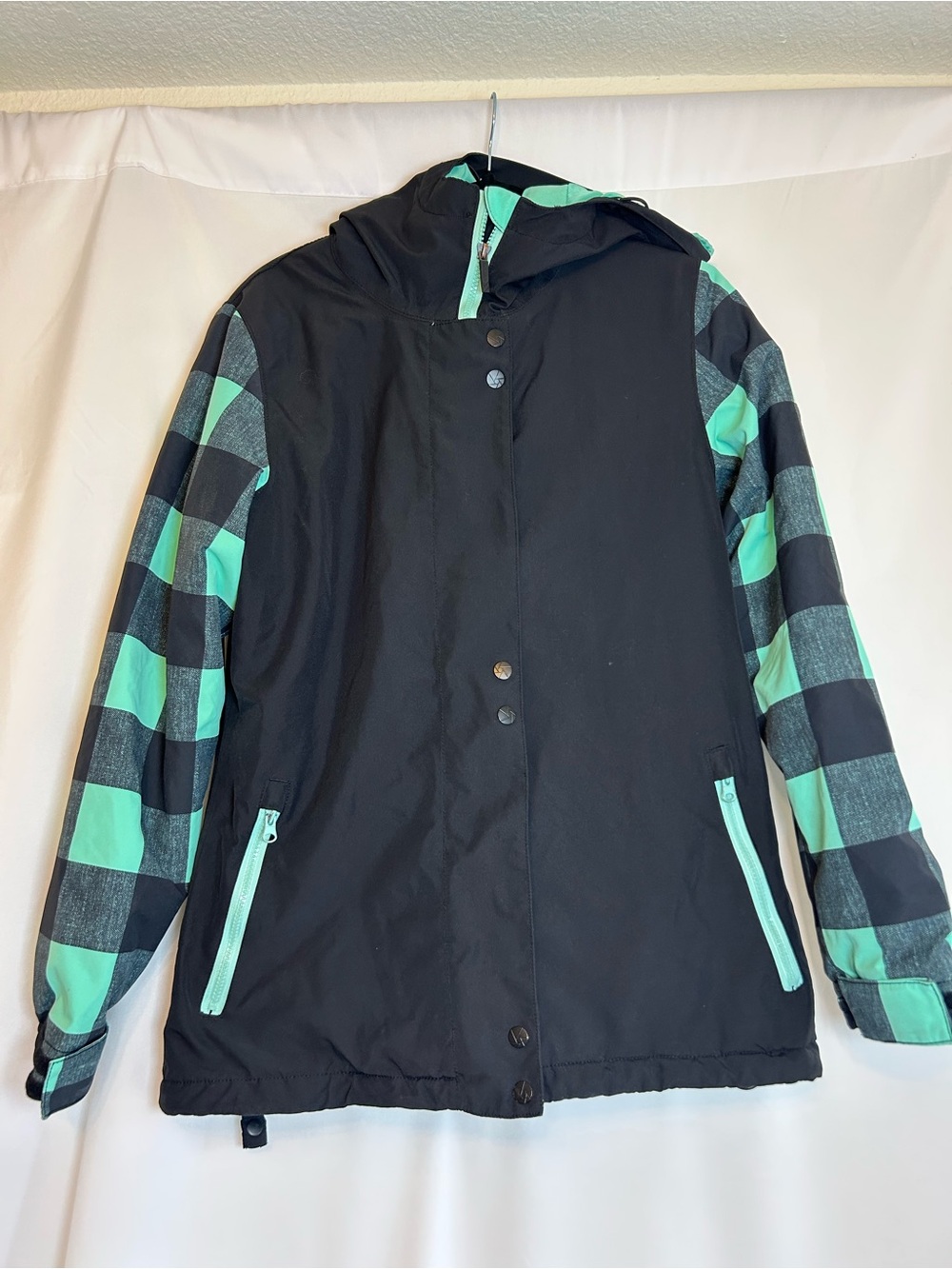 Aperture Black Hooded Ski Jacket with Mint Plaid Sleeves